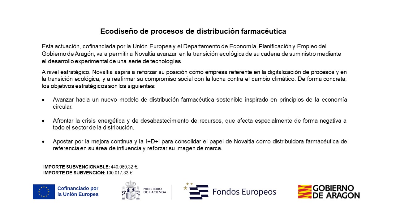 Documento informativo del proyecto de ecodiseño de procesos de distribución farmacéutica de Novaltia, cofinanciado por la Unión Europea, el Ministerio de Hacienda y el Gobierno de Aragón.