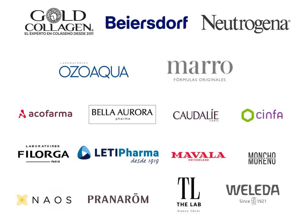 Logotipos de los laboratorios y marcas patrocinadoras de la jornada Dermo&Trends, incluyendo Gold Collagen, Beiersdorf, Neutrogena, Ozoaqua, Marro, Acofarma, Bella Aurora, Caudalie, Cinfa, Filorga, LetiPharma, Mavala, Moncho Moreno, Naos, Pranarôm, The Lab y Weleda.