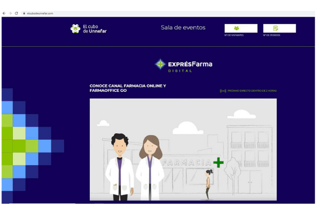 Plataforma ExprésFarma Digital de Unnefar mostrando la presentación de Canal Farmacia Online y Farmaoffice Go como soluciones para la digitalización de las farmacias.