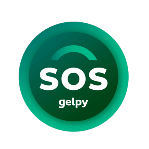 Icono circular verde del botón SOS de Gelpy, con el texto “SOS gelpy” en el centro, representando la función de emergencia de la aplicación.