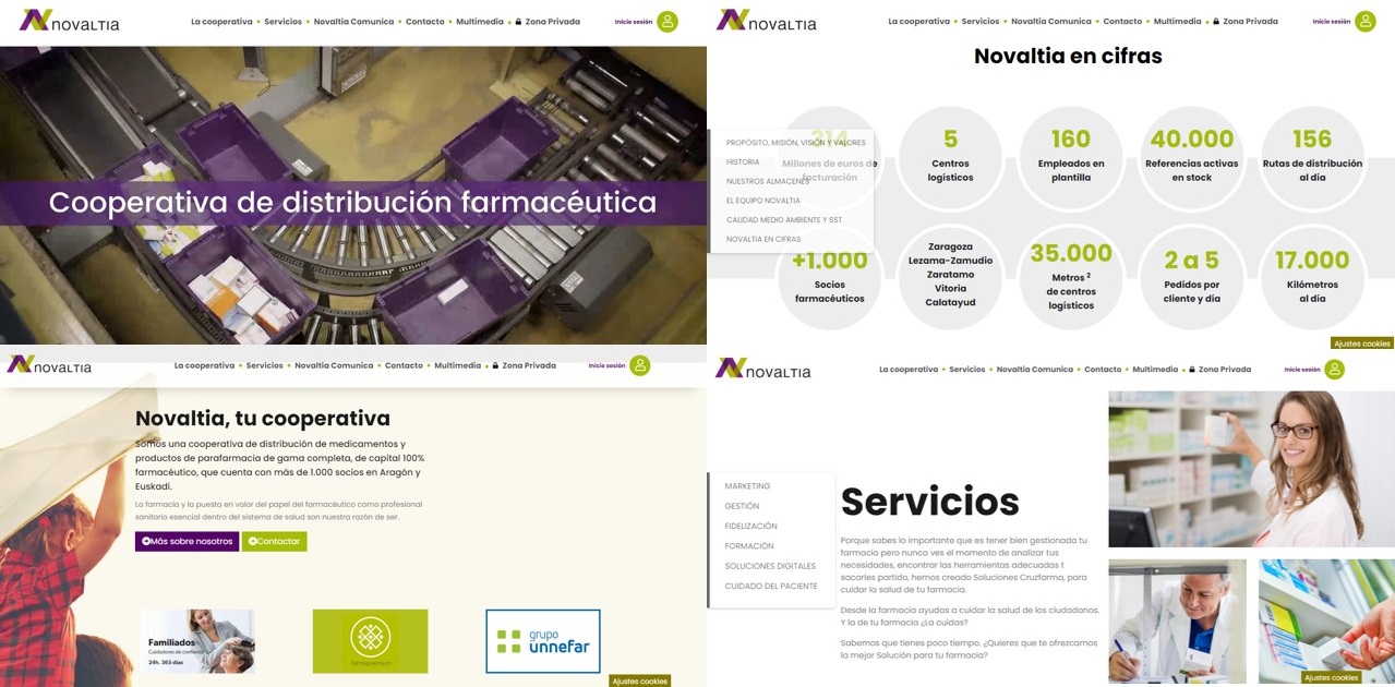 Captura de la nueva página web de Novaltia, con diseño renovado y secciones de servicios, área privada para socios y datos corporativos de la cooperativa farmacéutica.