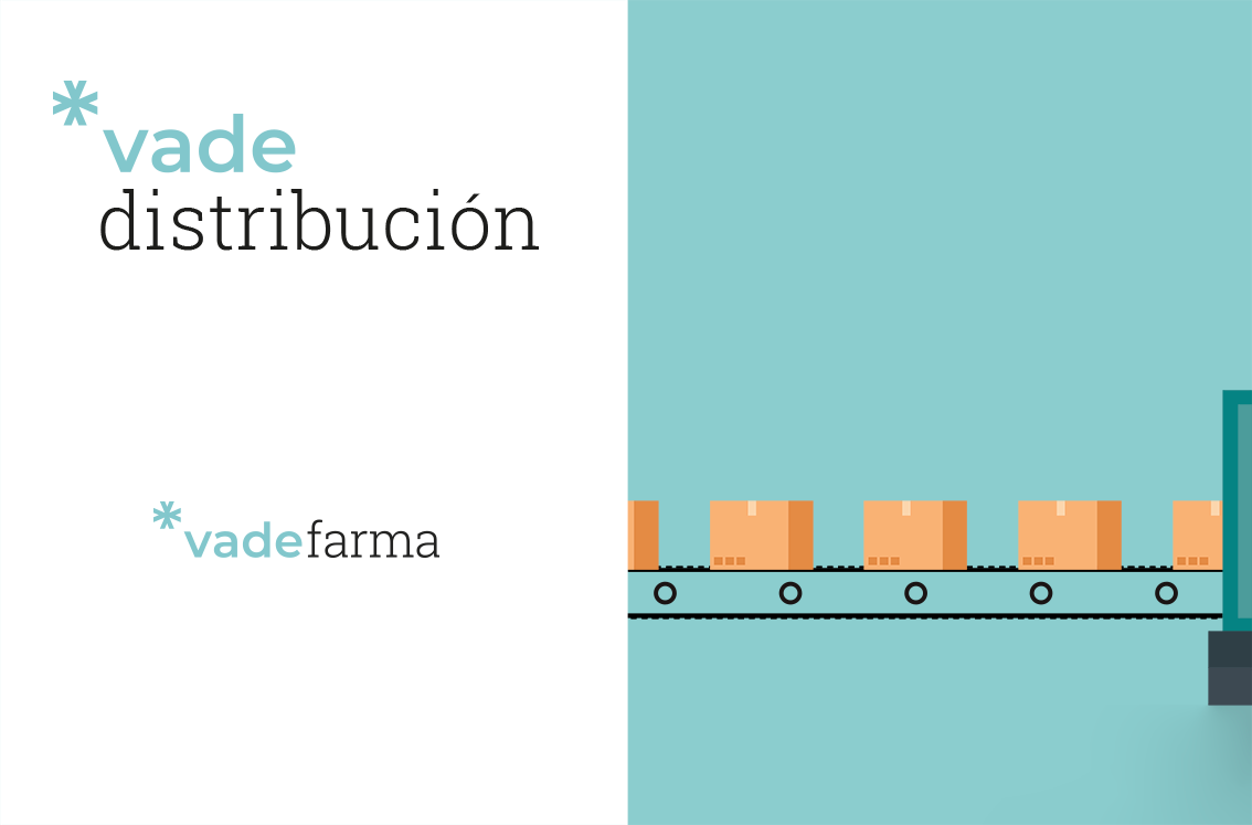 Ilustración corporativa de Vadefarma sobre distribución farmacéutica con cajas en cinta transportadora.