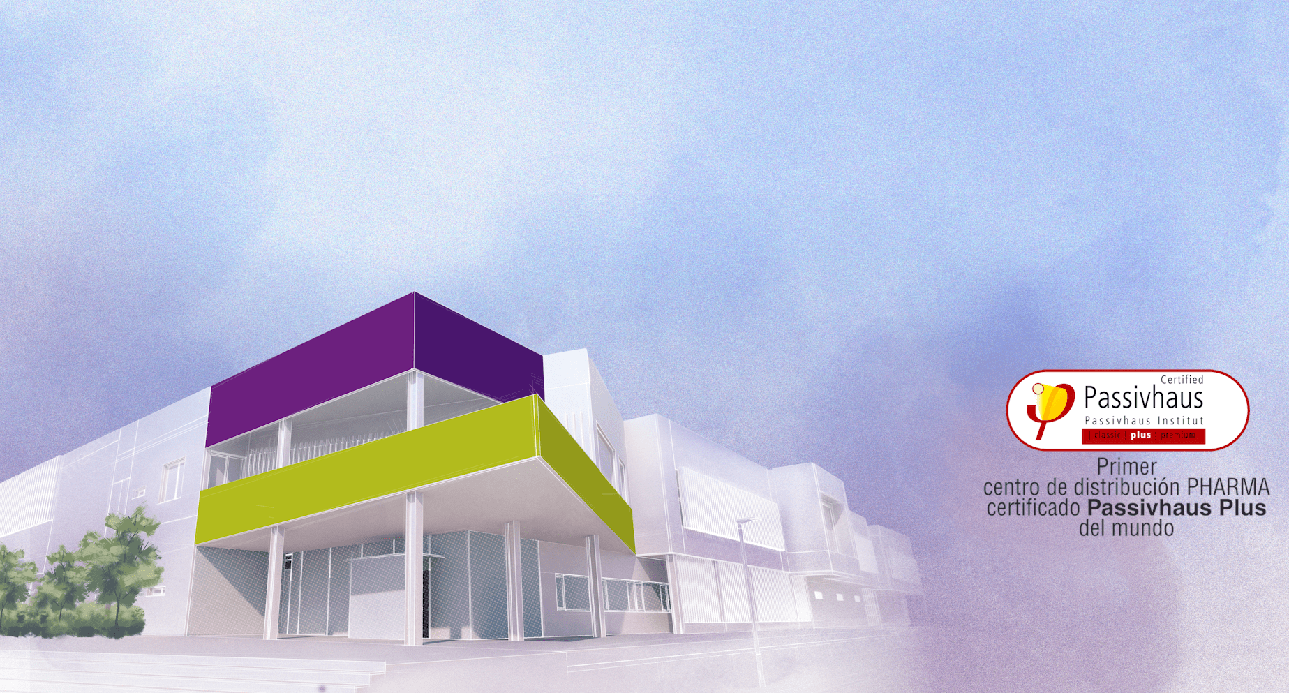 Ilustración arquitectónica del nuevo centro de Novaltia con el sello de certificación Passivhaus Plus.