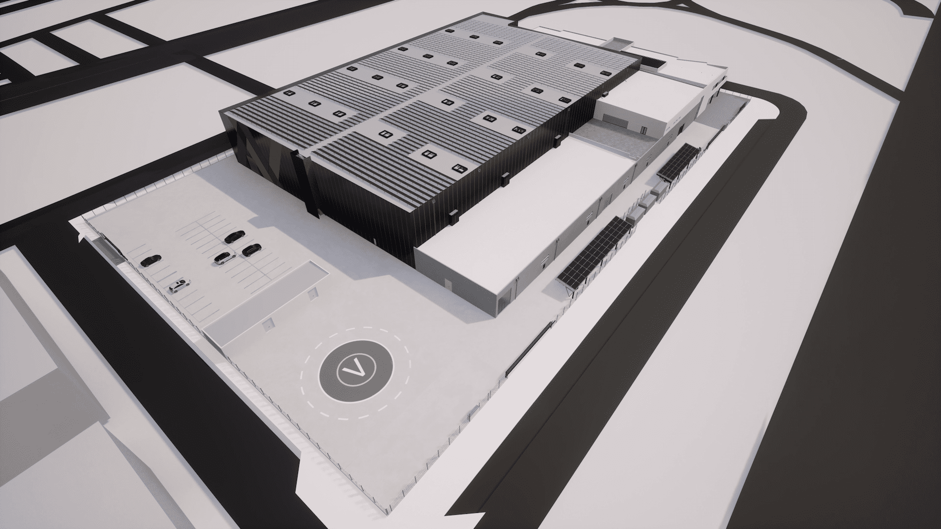 Vista aérea en 3D del diseño del nuevo centro de distribución farmacéutica de Novaltia, con zona de aparcamiento y vertipuerto.