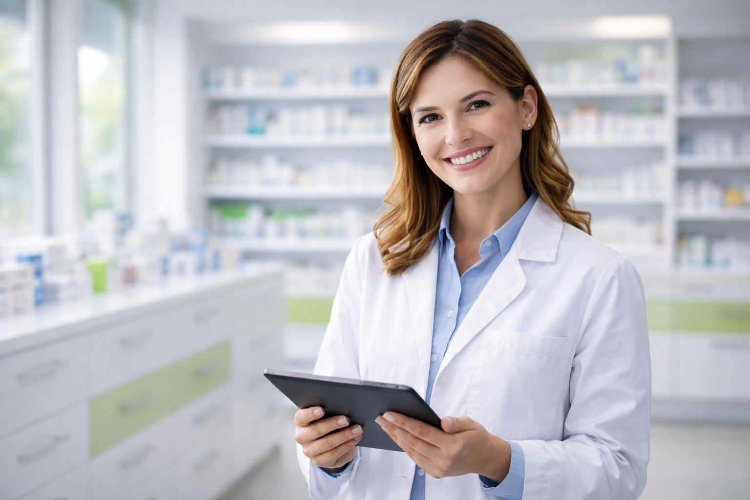 Farmacéutica joven en una farmacia moderna sosteniendo una tablet mientras realiza una consulta digital, con estanterías desenfocadas al fondo